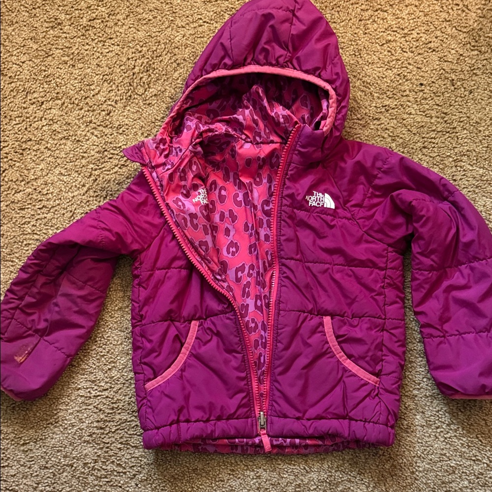 The North Face 4t Fuchsia Hooded Puffer Jacket with Leopard Lining- reversible
